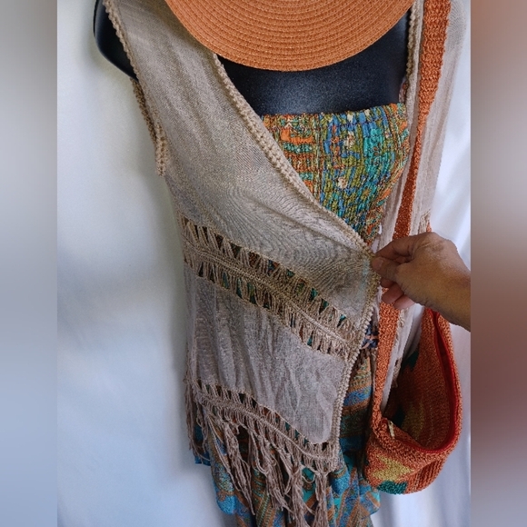 Bohemian Festival Vibes 5 Pc Outfit Dress W/ Vest, Belt, Hat & Bag, Sz S/XS - Picture 2 of 9